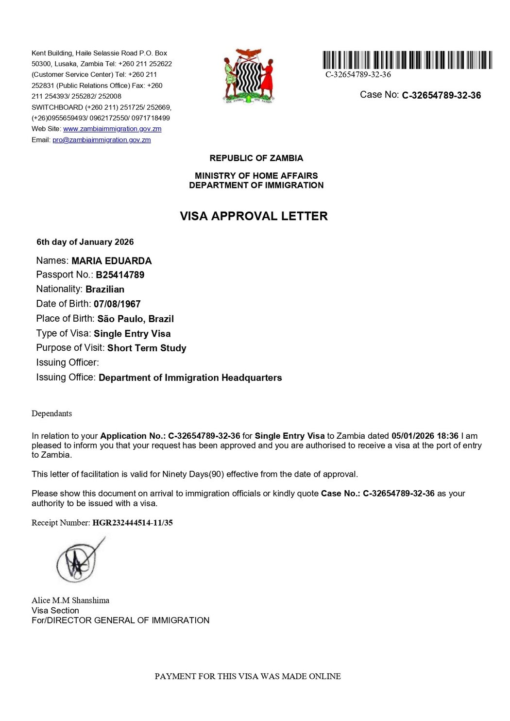 Zambia Student Evisa Sample