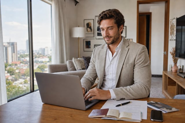 Man With A Laptop And Documents