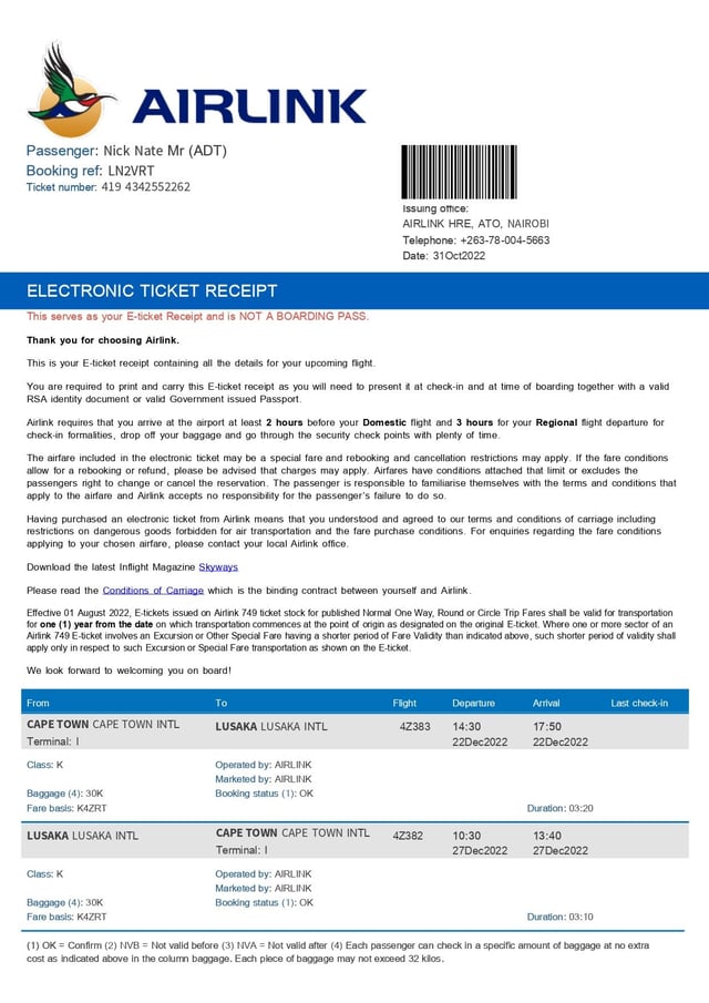 Return Flight Ticket Sample
