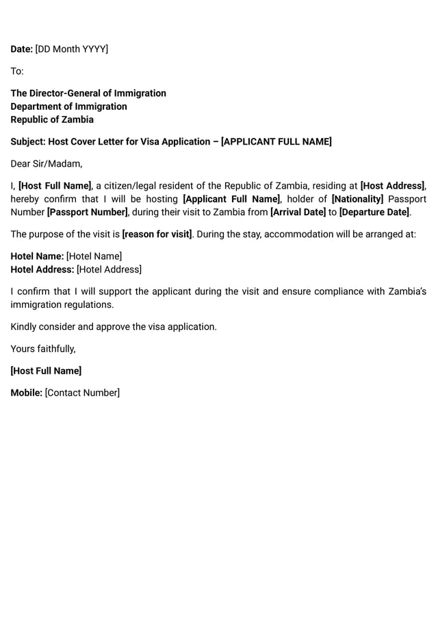 Sample Host Cover Letter