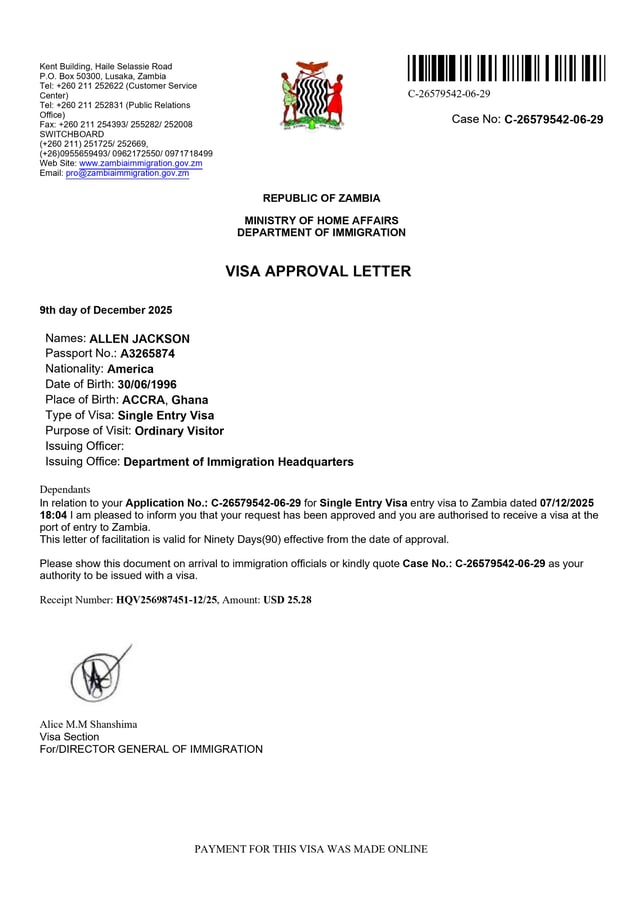 Zambia Evisa Approval