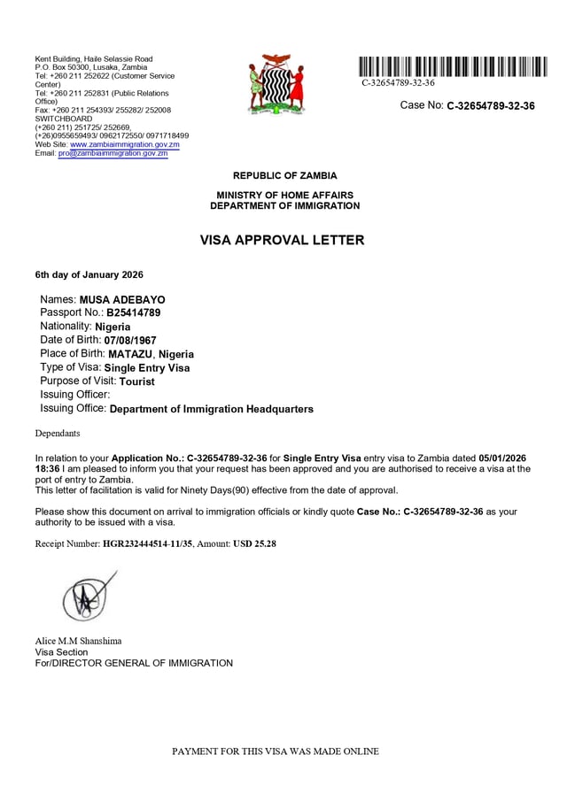 Zambia electronic visa approval