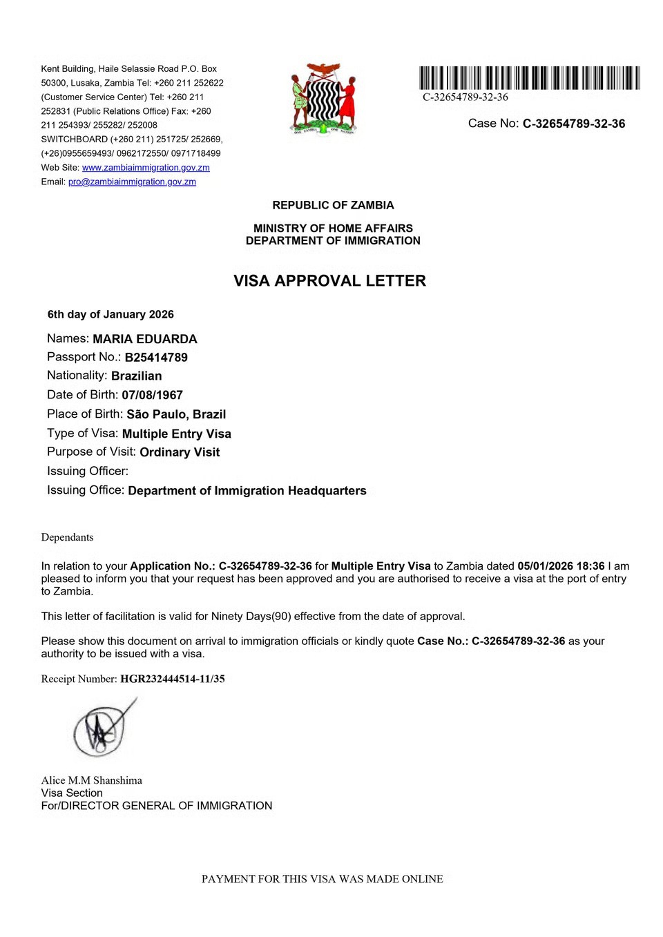 Zambia eVisa Samples