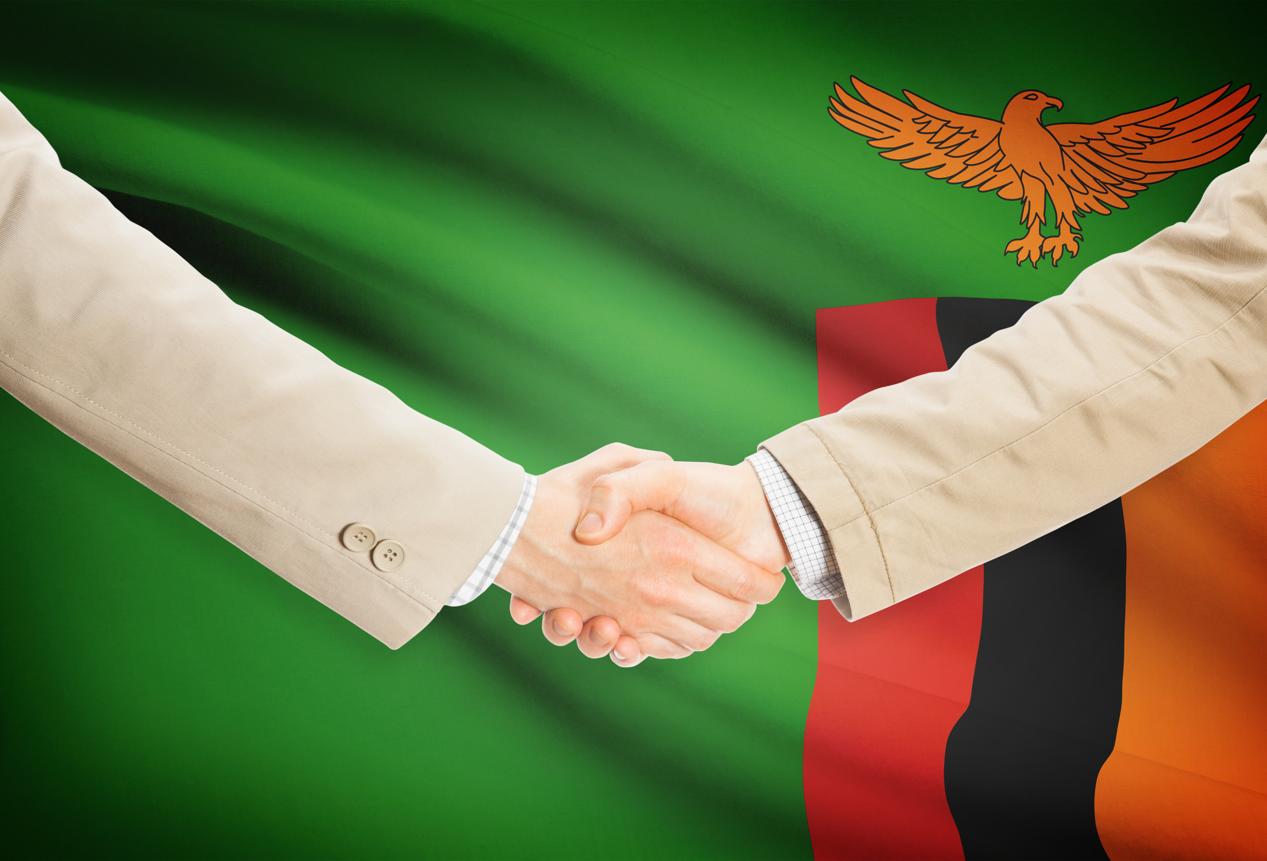 Two people shaking hands in front of the flag of Zambia