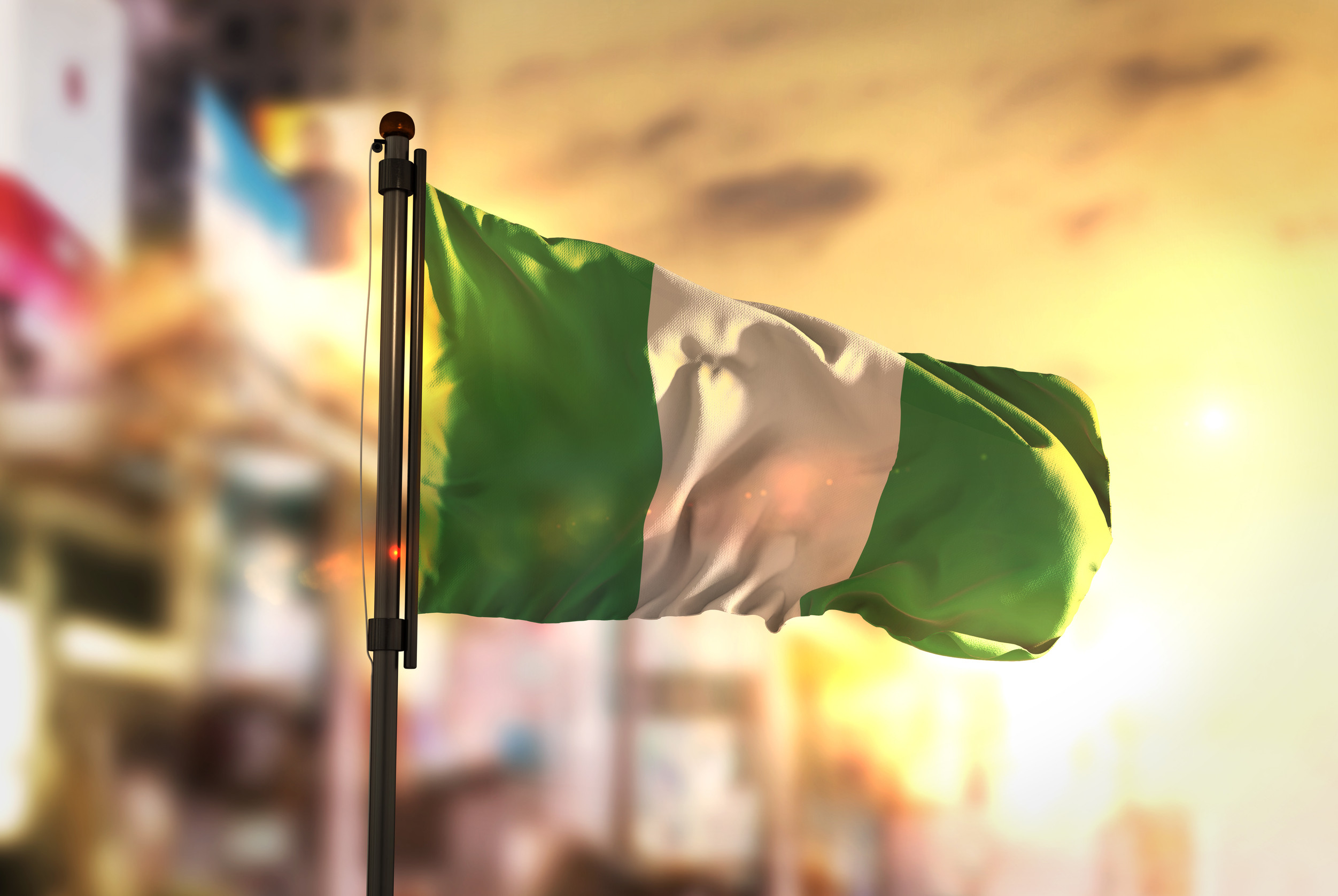 The Nigerian flag fluttering against a backdrop of city buildings at sunset